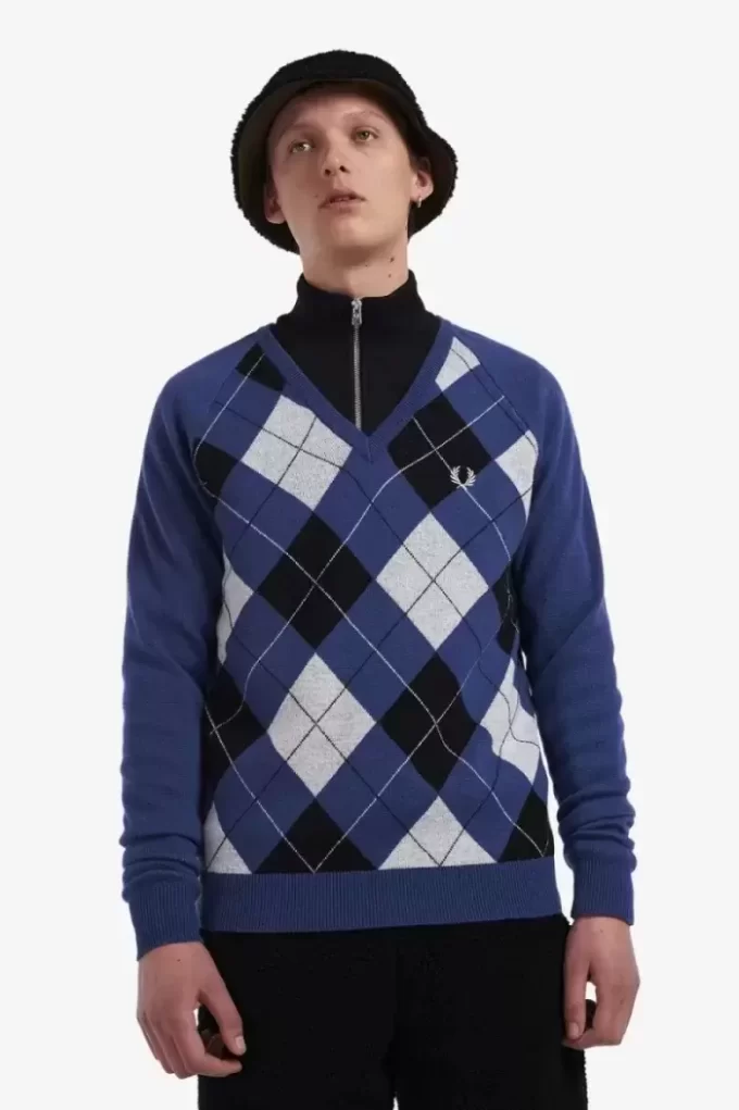Pull col V en laine d&rsquo;agneau Argyle pour homme