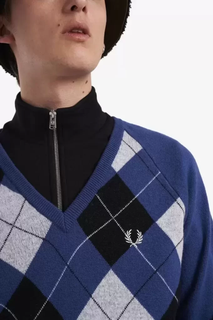 Pull col V en laine d&rsquo;agneau Argyle pour homme