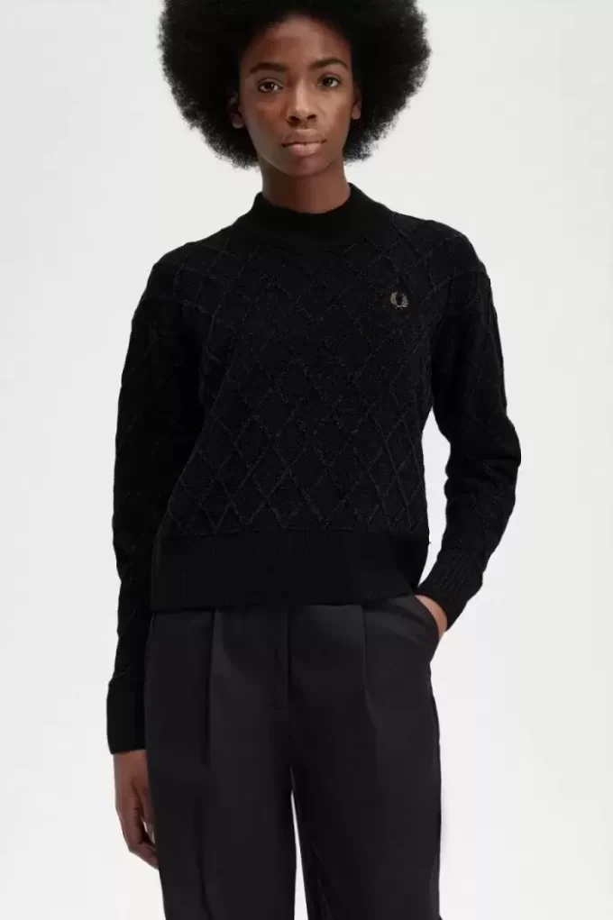 Pull femme en chenille quadrillée