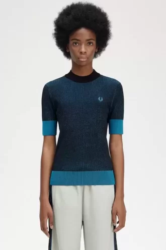 Pull à manches courtes côtelé contrasté pour femme