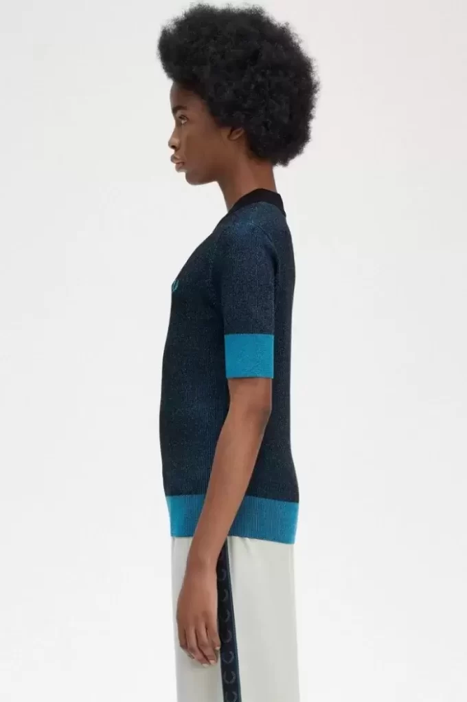 Pull à manches courtes côtelé contrasté pour femme