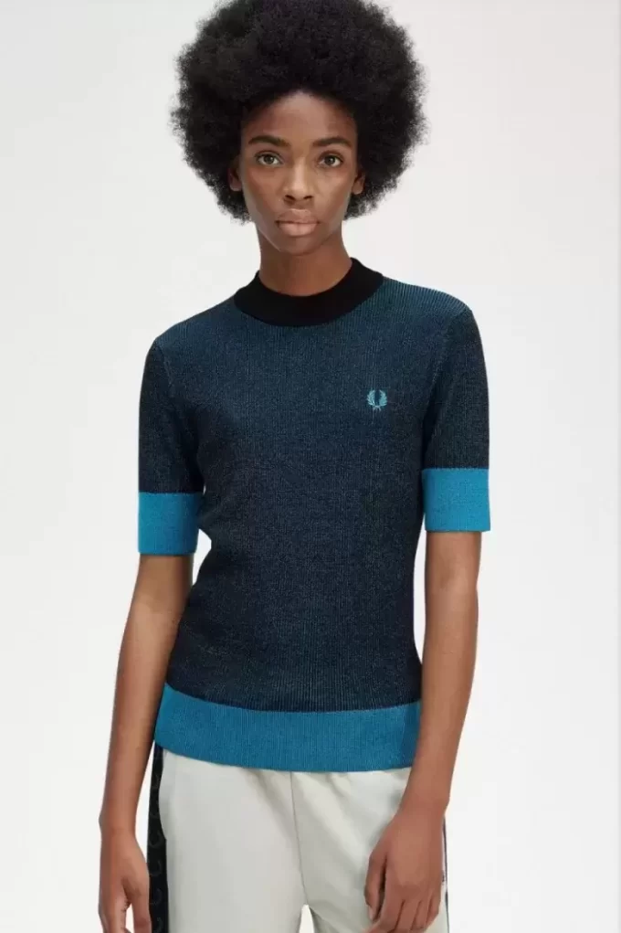 Pull à manches courtes côtelé contrasté pour femme