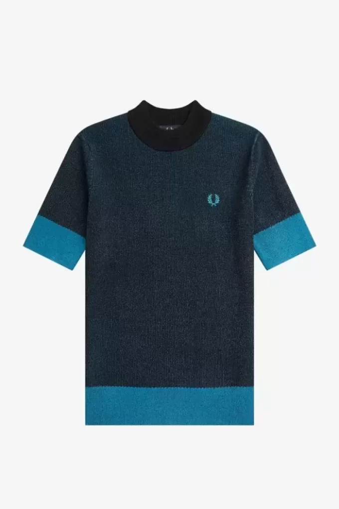 Pull à manches courtes côtelé contrasté pour femme