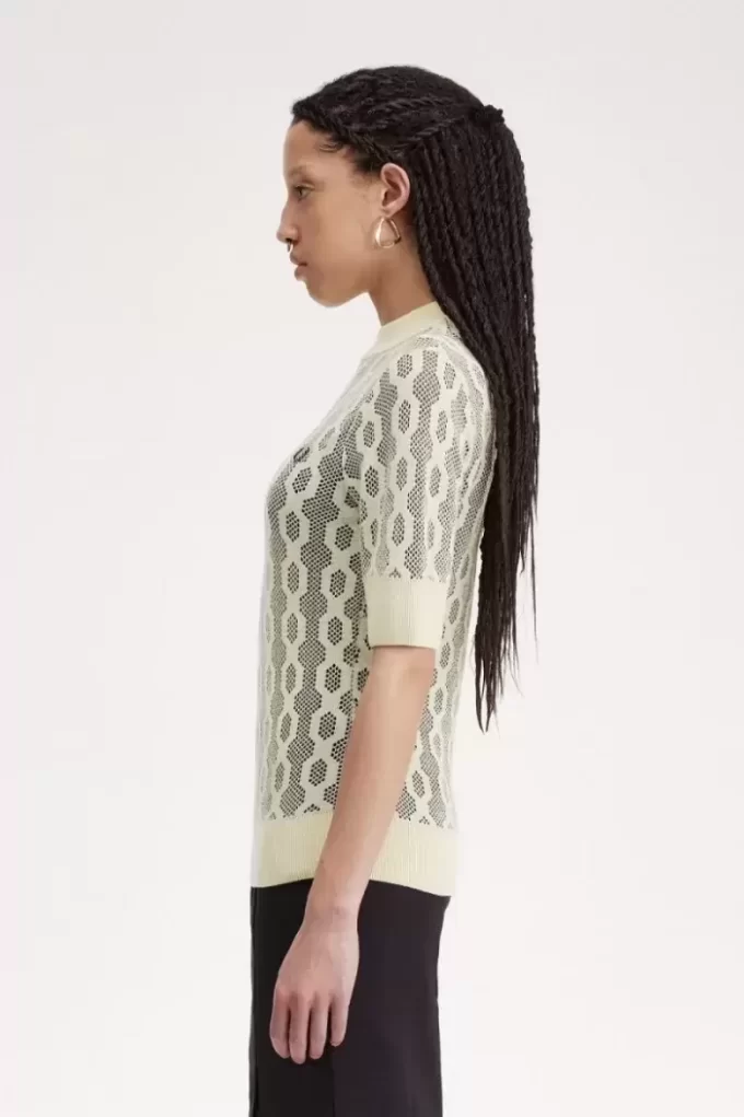 Pull à manches courtes en maille ajourée pour femme