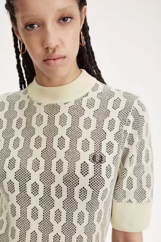 Pull à manches courtes en maille ajourée pour femme