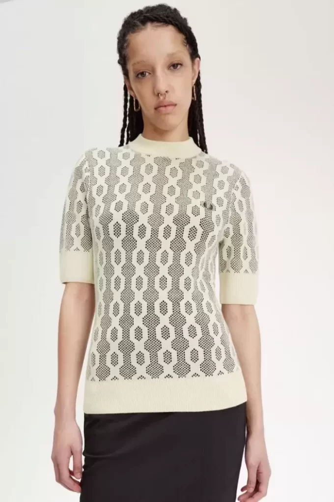 Pull à manches courtes en maille ajourée pour femme