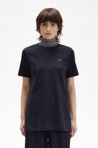 T-shirt col montant à bordure jacquard pour femme