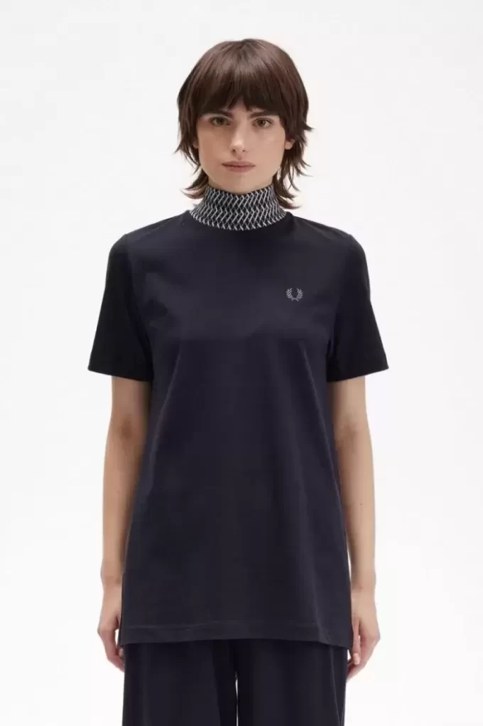 T-shirt col montant à bordure jacquard pour femme