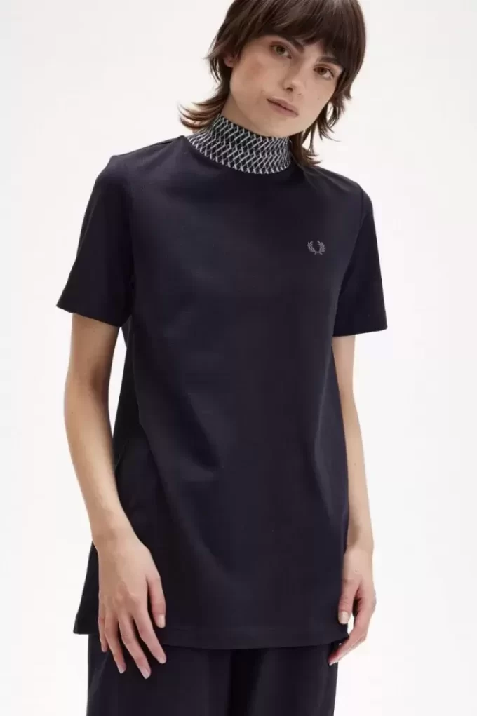 T-shirt col montant à bordure jacquard pour femme